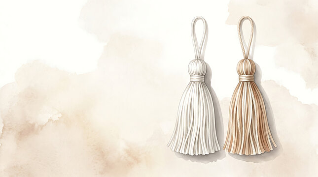 Pair of hanging fabric tassels in white and beige colors on a soft watercolor painted background