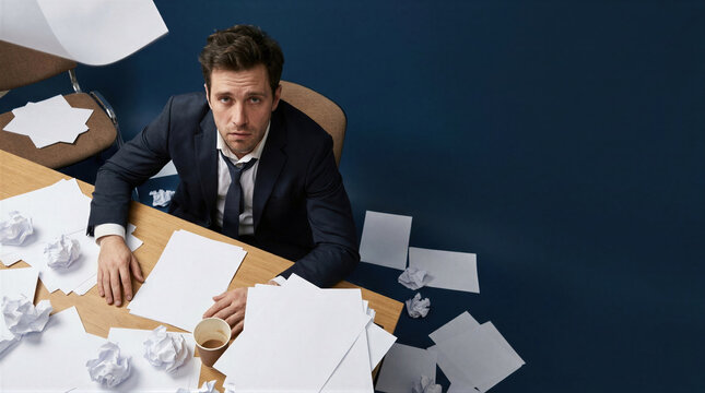 Exhausted businessman sitting at office desk with scattered papers and crinkled notes. Stressed worker feeling overwhelmed by workplace documents. Corporate burnout and deadline concept.