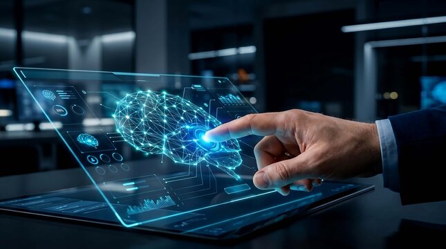 Professional finger pressing glowing point on holographic brain interface showing neural map and data dashboard for advanced neuroscience research in modern office environment.