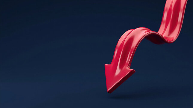 Red arrow pointing downward on dark background. Financial crisis market graph with falling trend line. Corporate business loss and e-commerce economic decline analysis concept.
