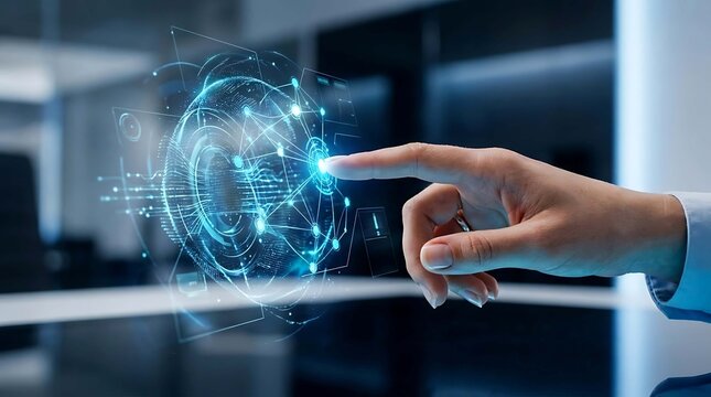 Hand touching glowing network lines, abstract sphere connection with data flow, digital web, global business, blockchain technology interface, cyberspace networking concept.