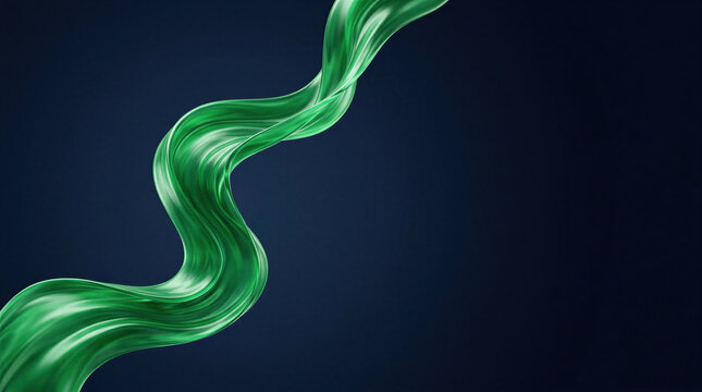 Green silk flowing fabric against dark background. Abstract wave motion of elegant textile for luxury fashion display. E-commerce creative design element with copy space for web banner.