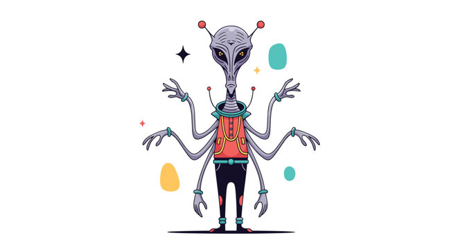 Tall grey extraterrestrial alien character with six arms and red vest stands upright against a plain white background.