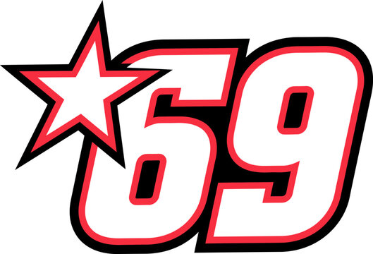 White racing number 69 with a red outlined star on a black background