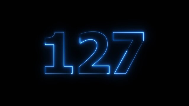 Abstract beautiful blue neon 127 number icon illustration background. Glowing neon countdown number concept background.