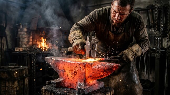 Blacksmith hammering hot glowing metal on anvil in traditional dark forge