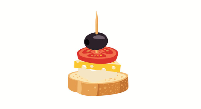 Delicious party canape appetizer made of bread, cheese, tomato slice, and a black olive is skewered with a toothpick on white.