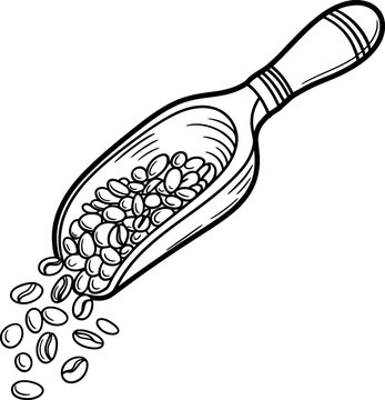 Wooden scoop with falling coffee beans during preparation for roasting or brewing