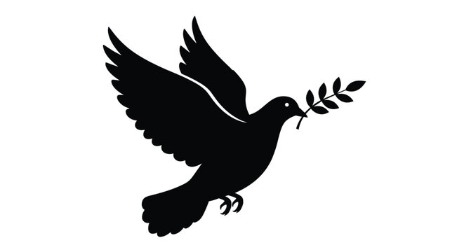 Black silhouette of a flying dove carrying an olive branch in its beak representing peace and hope on a white background.