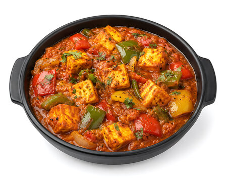 Kadai paneer, paneer cubes with bell peppers in thick spicy gravy, served in a black bowl