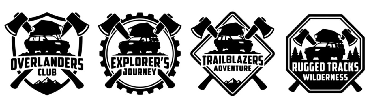 Crossed Axes Overlanders Badge Set 9 - Rugged Tracks Wilderness Emblem Pack - Custom Offroad Logo Template Collection
