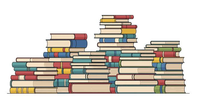 Large pile of colorful hardcover books stacked neatly in horizontal rows representing library study or education.