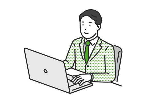 ノートパソコンで仕事する男性,スーツ