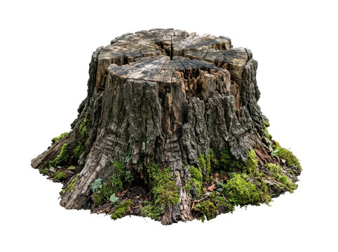 A weathered tree stump with mossy growth sits isolated on a white background
