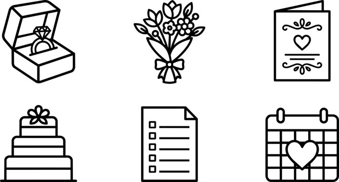 Black and white wedding icons ring bouquet card cake checklist calendar with heart