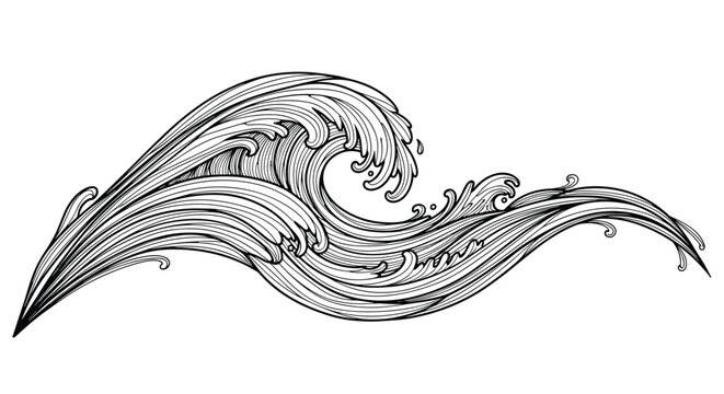 Vintage engraved sea wave illustration featuring detailed retro ocean waves and water splashes in classic woodcut style.
