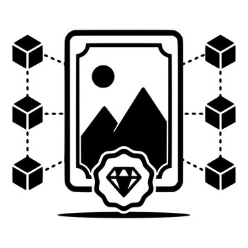 NFT Non Fungible Token Digital Art Frame with Diamond Seal and Blockchain, Black Vector Symbol for Crypto Collectible Ownership