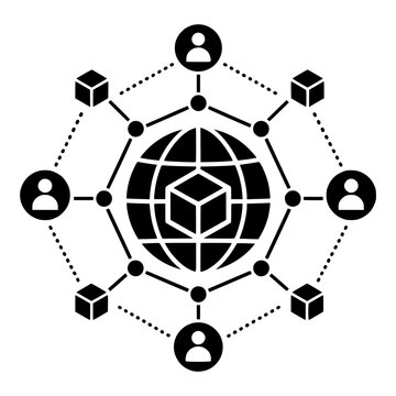 Web3 Globe with Blockchain Blocks and Connected Users, Black Vector Symbol for Decentralized Internet and Crypto Network