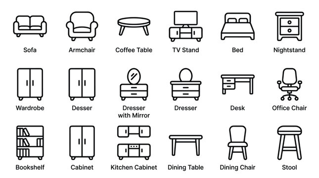 Furniture line icons including sofa armchair coffee table tv stand bed nightstand wardrobe dresser mirror desk office chair bookshelf cabinet kitchen dining stool.