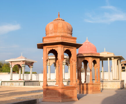 beautiful view red stone chatri at Devi Kund Sagar in Bikaner, Rajasthan, India