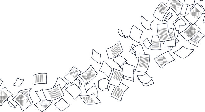 Flying paper documents sketch representing windblown files, loose notes, and unorganized office paperwork on white.