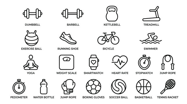 Gym fitness equipment vector icons set for workout training athlete lifestyle exercise sport gear wellness and body building isolated on white background flat.