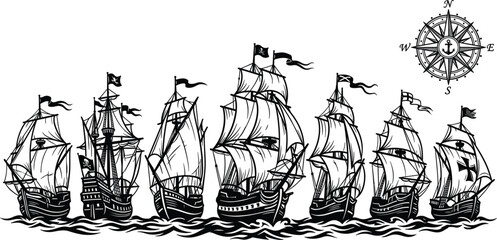 Historic armada of sailing ships cruising on ocean waves with a decorative anchor compass rose illustration in corner © mdtanjimul