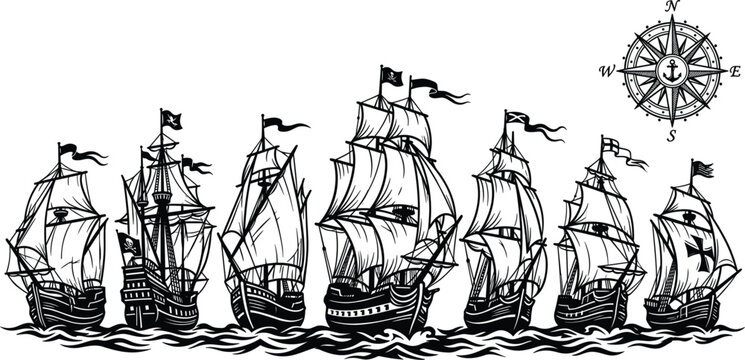 Historic armada of sailing ships cruising on ocean waves with a decorative anchor compass rose illustration in corner