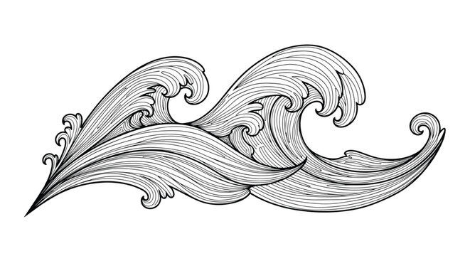 Elegant baroque style ornamental waves and scrolls in vintage woodcut engraving style vector illustration.