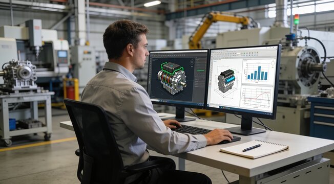 Mechanical engineer developing hybrid electric motor design in advanced manufacturing facility.