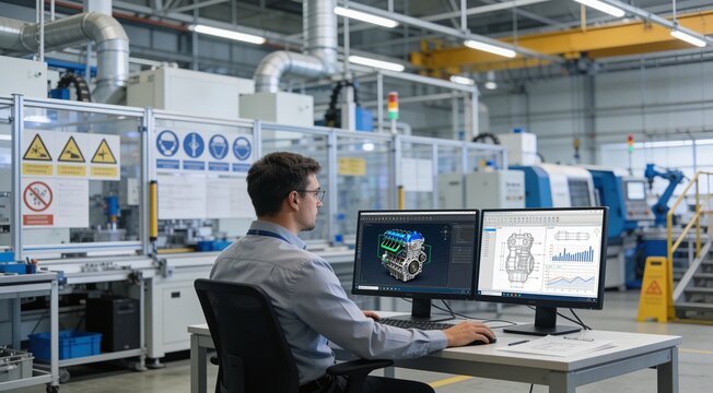Industrial designer reviewing engineering drawings and production charts on dual monitors.
