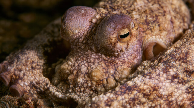 An octopus is resting on the ocean floor during the day. Its unique texture and color blend with the surroundings. The water is clear, allowing a good view of the sea life nearby