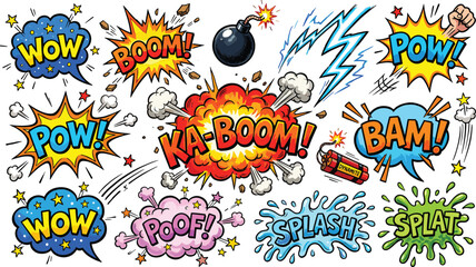Colorful Retro Comic Book Vector Set with Pop Art Explosion Text, Speech Bubbles, Bombs, and Action Sound Effect Expressions for Graphic Designs © Md