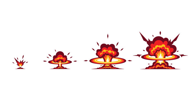 Pixel art explosion animation sequence sprite sheet displaying four stages of fire and smoke blast.