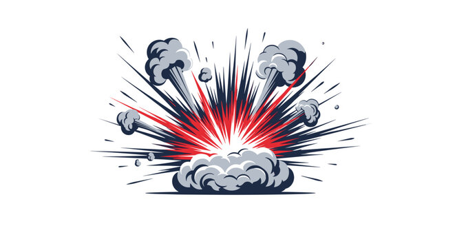 Dramatic cartoon explosion with bright red blast and billowing dark grey smoke clouds on white background.