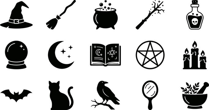 Black silhouette icons for witchcraft and occult themes