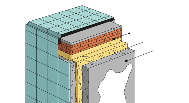 Architectural cross-section diagram of multi-layer wall insulation showing tiles bricks and concrete.