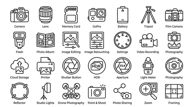 Photography and camera equipment icon set featuring digital cameras lenses tripods editing software symbols and studio gear for professional photography workflows.