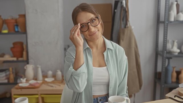 Woman holding glasses and smiling beside pottery tools in a ceramics studio; serenity creativity craft skill.