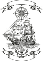 Nautical coat of arms emblem with vintage sailing ship anchor compass rose and blank heraldic ribbon banners for text © mdtanjimul
