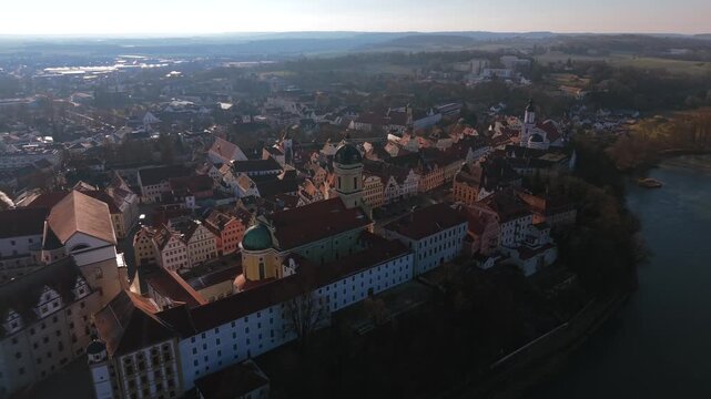 Stock footage shot of the ancient residential city Neuburg an der Donau presenting the iconic Hofkirche at Karlsplatz square as a prime travel destination in Upper Bavaria
