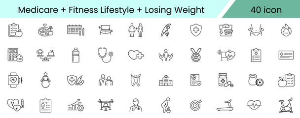 Fototapeta premium Collection of icons representing medicare fitness lifestyle and weight loss activities