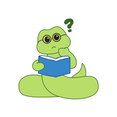 Obraz premium a cute green snake cartoon vector reading a book and appearing to be thinking with a question mark