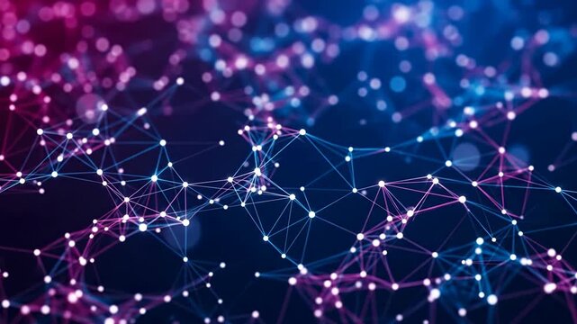 Dynamic 3d network visualization with glowing nodes and flowing connections in futuristic neon cyber space for tech