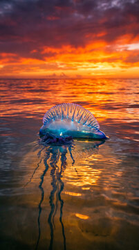 Physalia physalis flotando sobre un oc&eacute;ano iluminado por la luz dorada del atardecer. Reflejos c&aacute;lidos, agua tranquila y colores intensos. Estilo documental premium.