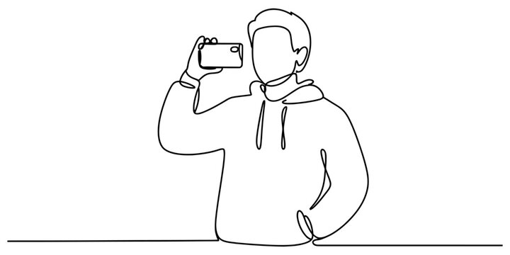 Young man in hoodie taking a photo with his mobile phone continuous line drawing art