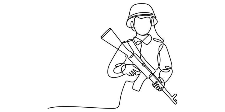 Continuous single line drawing of a soldier wearing a helmet and holding a rifle