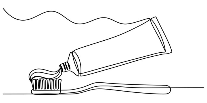 Continuous single line drawing of a toothbrush with toothpaste being squeezed from a tube for dental hygiene care