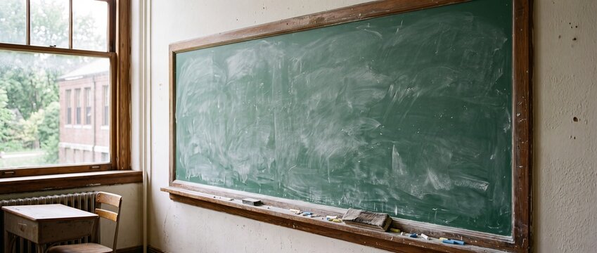An empty old school classroom featuring a large green chalkboard with erased chalk marks and a window on left side.