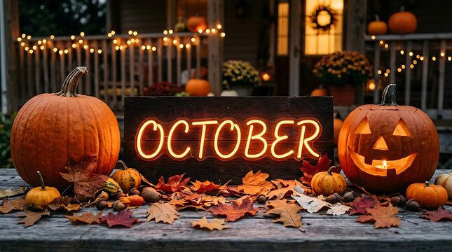 Halloween pumpkins and leaves on a wooden table with october sign
